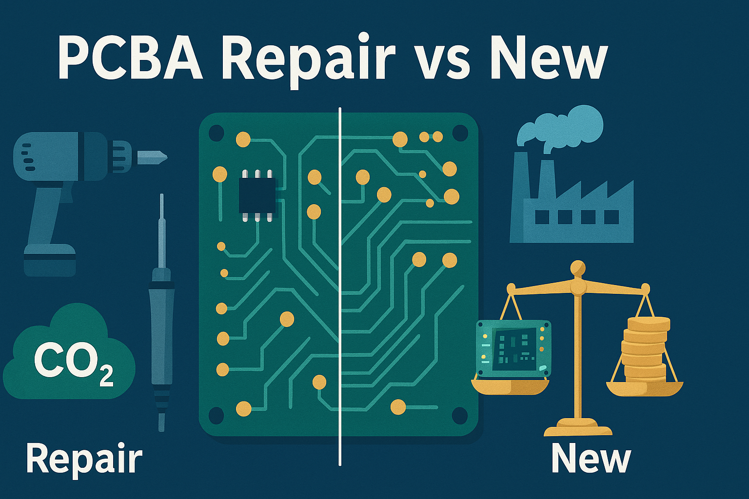 Leiterplattenreparatur vs. Neukauf – Headerbild mit Kosten, CO₂ und Downtime