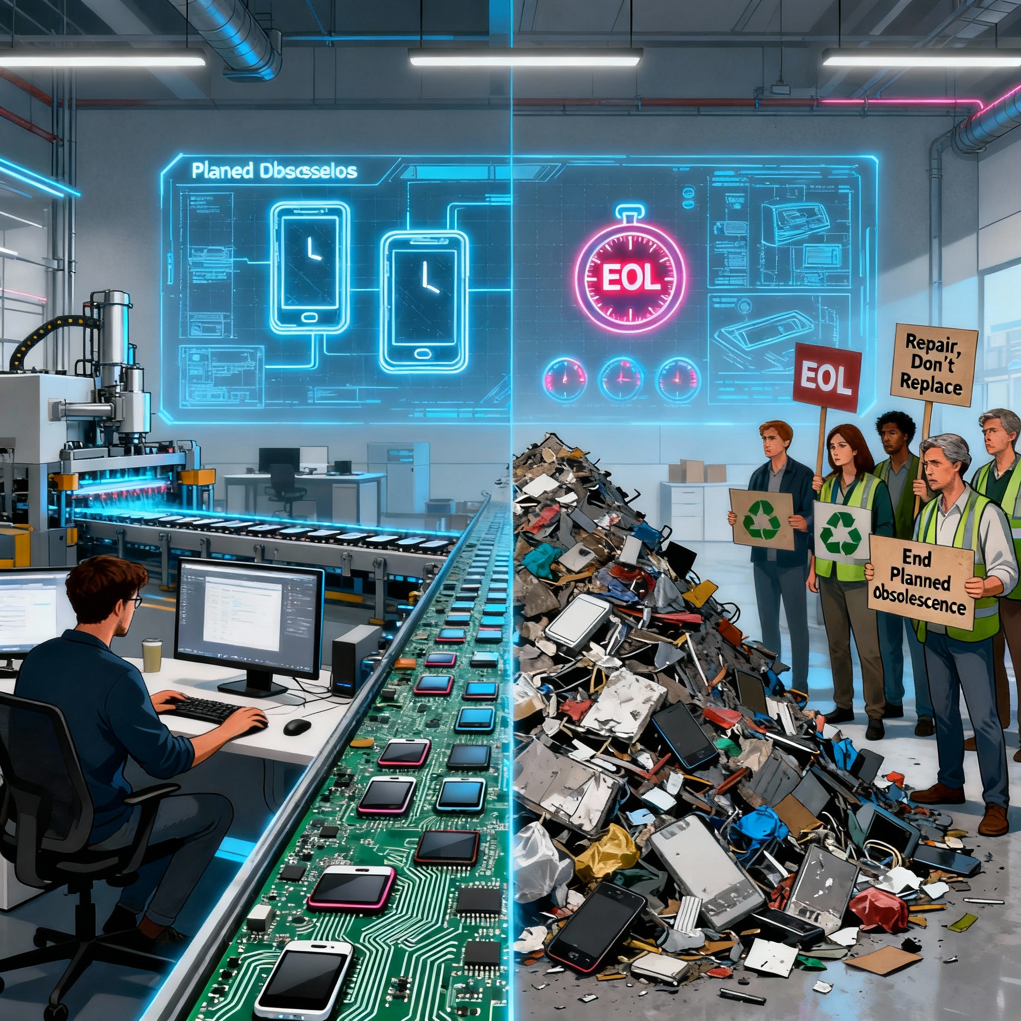 geplante Obsoleszenz Elektroschrott – Headergrafik zu Reparatur und E-Waste