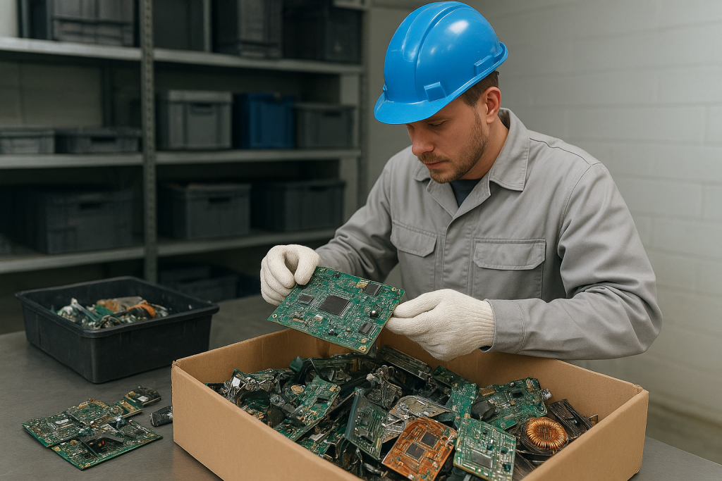 Recycling für Elektronikhersteller bei APEROTEC – sortierte Elektronikkomponenten und nachhaltige VerwertungRecycling von Elektronikkomponenten mit APEROTEC – professionelle Verwertung, Rohstoffrückgewinnung und Compliance in einem Prozess.
