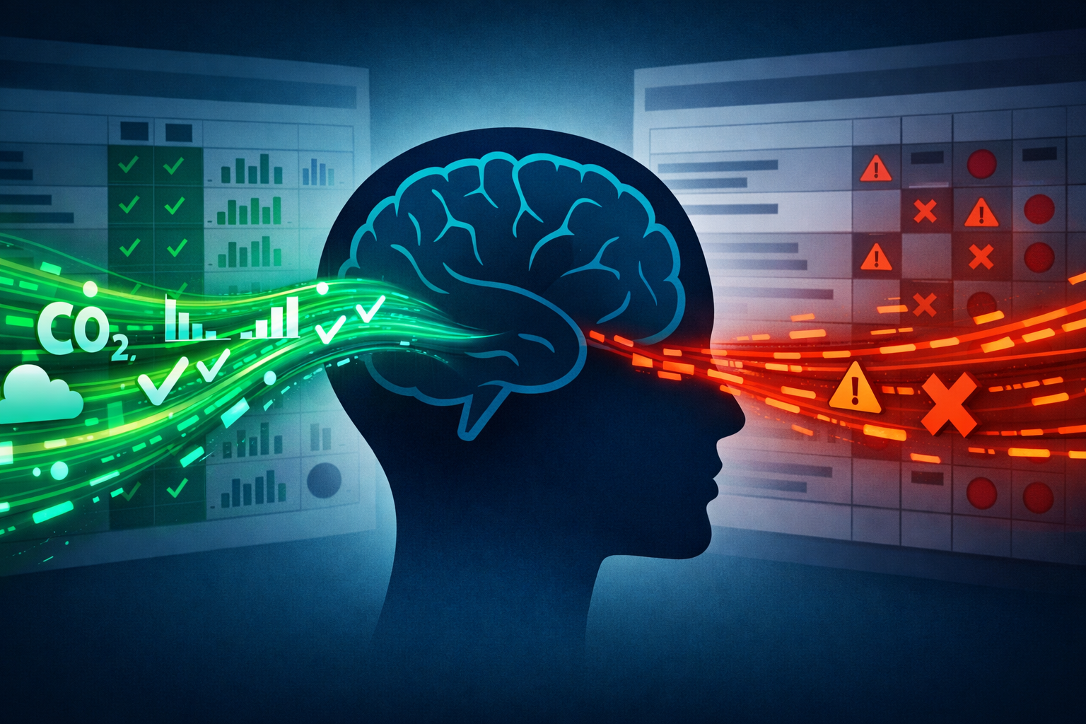 Illustration Confirmation Bias im ESG-Reporting: positive und negative Datenströme